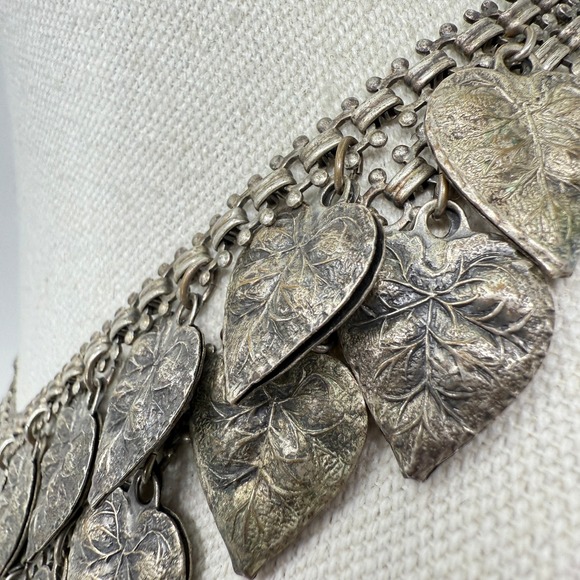 Vintage Leaf Necklace Dangling Charms Silver-Tone Statement Bib - Picture 9 of 9